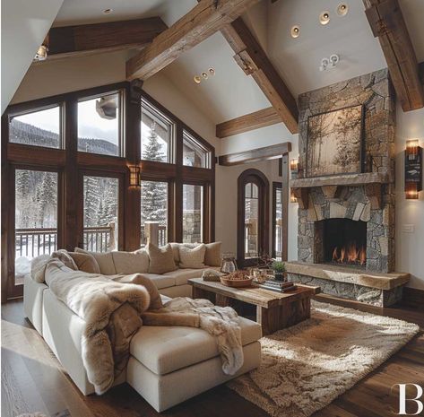 Modern Mountain Home Interior Fireplaces, Mountain Craftsman Style Homes Interior, Montana House Interior, Montana Homes Interiors, Modern Chalet Interior Design, Rustic Mountain Homes Interior, Mountain Chalet Interior, Winter Cabin Interior, Modern Chalet Interior