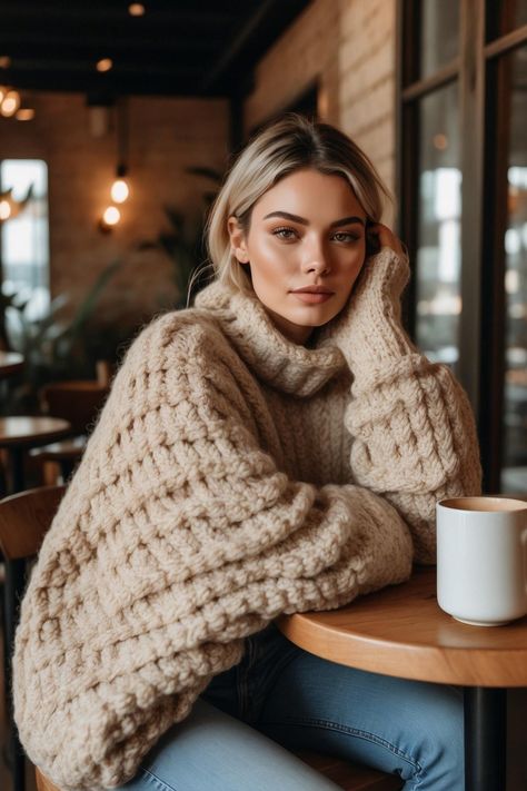 Embrace the warmth of sweater weather with this oversized beige knitted turtleneck paired effortlessly with classic blue jeans. Perfect for sipping tea and enjoying a quiet moment, this look combines comfort and style seamlessly. Ideal for lazy weekends or cozy evenings in, it’s all about layering up without sacrificing fashion. Get inspired to create your own cozy corner this season! #fallfashiontrends #falloutfit #womanoutfitideas #fashioninspo #autumnoutfit Sweater Weather Photoshoot, Knitted Turtleneck, Model Woman, Sipping Tea, Oversize Knit, Cozy Vibes, Cozy Corner, Autumn Outfit, Fall Fashion Trends