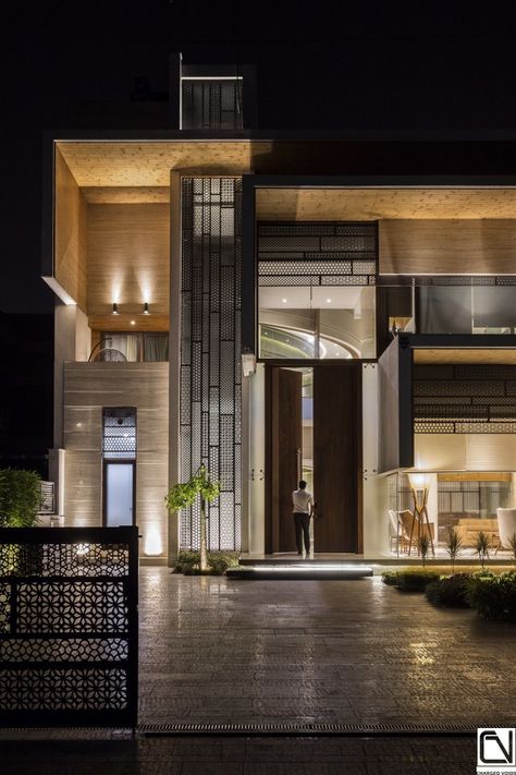 This 8,500 sqft Bungalow Is A Perfect Balance Between Public And Private Spaces | CHARGED VOIDS - The Architects Diary Double Height Door Entrance, Double Height Entrance, Elevation House, Snooker Room, The Architects Diary, Best Modern House Design, Double Height, Entrance Door Design, Modern Bungalow