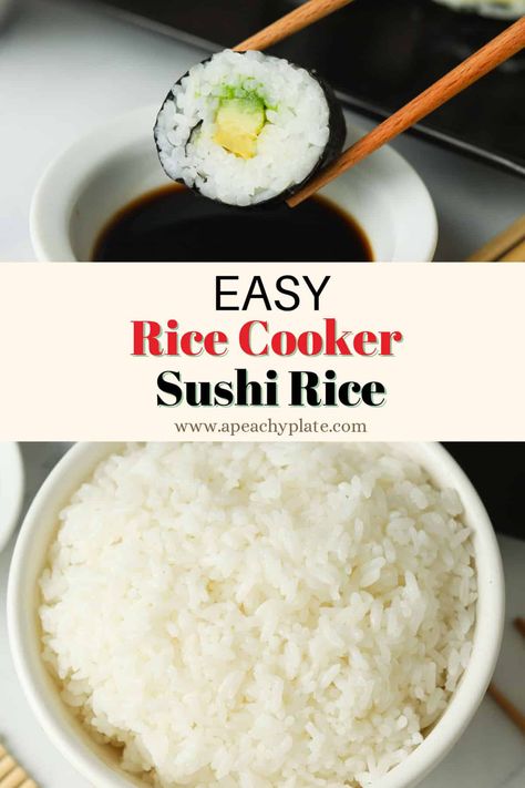 Make delicious sushi rice in your rice cooker at home in just a few steps with this easy recipe. Made with Japanese short grain rice and a quick seasoning of rice wine vinegar, sugar and a pinch of salt—this simple method of making sushi rice is fail-proof, and will go great with your favorite sushi rolls, wraps, and rice bowls! Get the recipe on www.apeachyplate.com Sushi Rice In Rice Cooker, Cooking Sushi Rice, Best Sushi Rice, Rice In Rice Cooker, Making Sushi Rice, Short Grain Rice, Sushi Rice Recipes, Sushi Recipes Homemade, Making Sushi