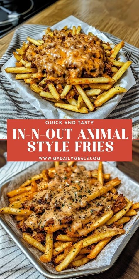 Take your fries to the next level with this mouthwatering twist! Smothered in melty cheese, grilled onions, and secret sauce, these homemade Animal Style Fries will satisfy all your cravings. Animal Style Fries, In & Out, In N Out, Grilled Onions, Sweet Pickles, Melty Cheese, Secret Sauce, Pickle Relish, Russet Potatoes