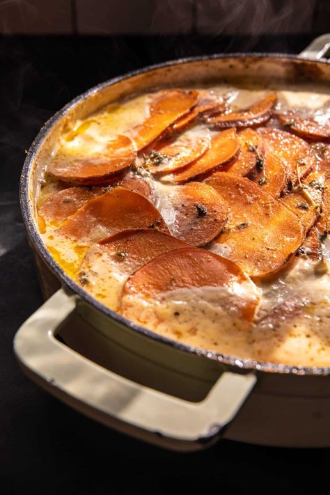 Easy Creamy Scalloped Sweet Potatoes | halfbakedharvest.com Sweet Potato Stacks, Scalloped Sweet Potatoes, Potatoe Recipes, Half Baked Harvest Recipes, Crispy Sweet Potato, Vegan Entree, Harvest Recipes, Half Baked, Cheesy Sauce