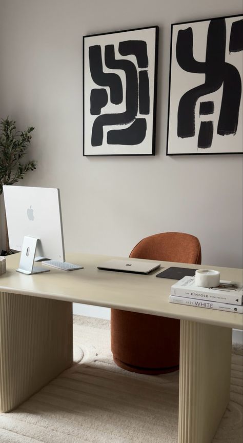 #imac Home Office Imac Aesthetic, Office Asethic, Imac Desk Aesthetic, Desk Middle Of Room Office, At Home Office Ideas For Women, Psychology Office Design, Beige Office, Dark Wood Desk, Consulting Room