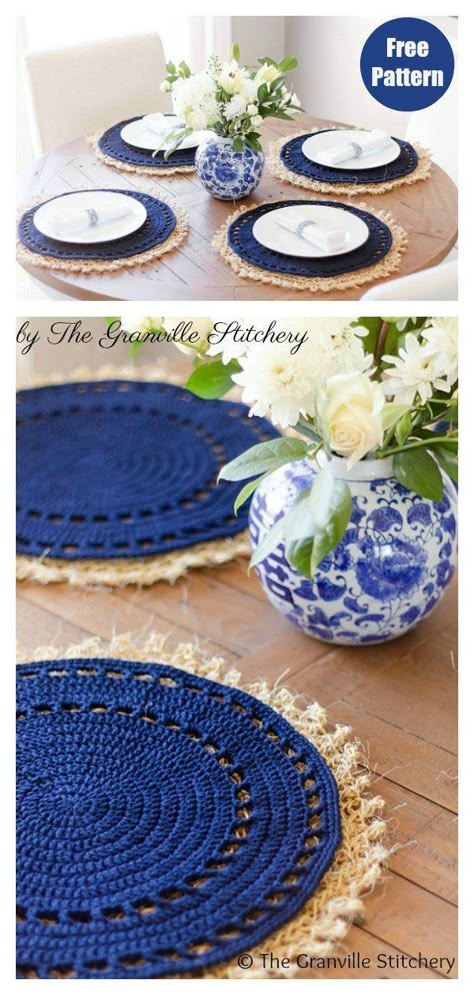 Chunky Crochet Placemat Pattern, Table Placemats Ideas Crochet, Modern Crochet Placemats, Crochet Circle Table Mat, Crochet Charger Plate Pattern, Placemats Crochet Patterns, Round Placemat Crochet Pattern, Free Crochet Patterns Doilies, Crochet Cotton Placemats Free Pattern