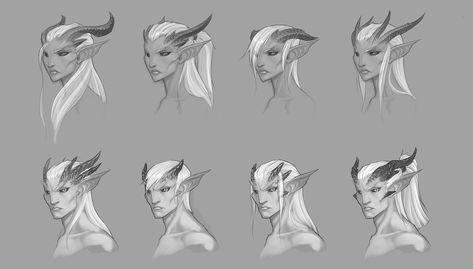 Dark Elf Head Studies, Dante Fuget on ArtStation at https://www.artstation.com/artwork/eJl43 Tiefling Ideas, Horns Drawing References, Storyline Ideas, Head Studies, Character Head, Dark Elves, Character Fashion, Humanoid Creatures, Elf Art