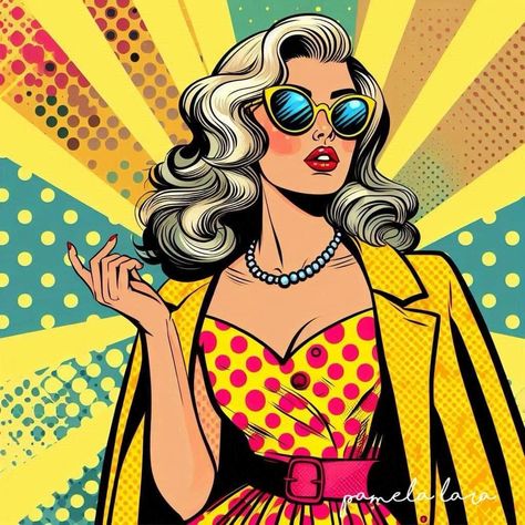 Girly 80s Aesthetic, Pop Art Fashion Clothes, Pop Art Graphic Design Poster, 1960s Pop Art, Pop Art Style Illustration, 70s Pop Art, Pop Art Painting Ideas Creative, Pop Art Photoshoot, Vintage Pop Art Woman