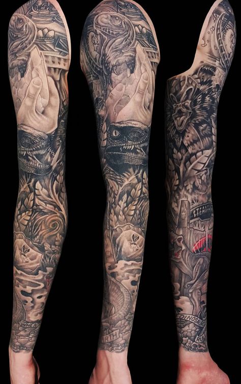 Jurassic Park Sleeve by BallBots on DeviantArt Jp Tattoo, Jurassic Park Tattoo, Marshall Arts, Octopus Tattoo Sleeve, Half Sleeve Tattoos, Octopus Tattoos, Dinosaur Tattoos, Theme Tattoo, Octopus Tattoo