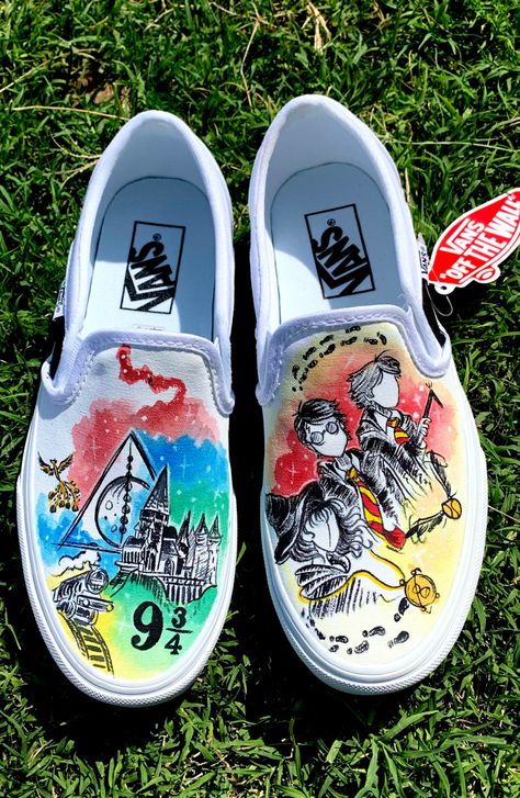 Hand painted Harry Potter custom vans Painted Shoes Harry Potter, Harry Potter Vans, Harry Potter Custom Shoes, Custom Painted Shoes Vans, Vans Custom Ideas, Vans Painted Shoes Ideas, Sneaker Painting, Custom Slip On Vans, Custom Painted Vans