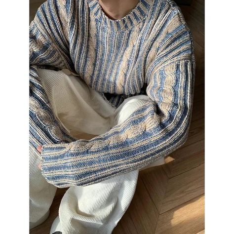 Savenne - Long-Sleeve Crew Neck Striped Cable Knit Sweater | YesStyle Men’s Knitting Pattern Sweater, Men Pullover Sweater, Fall Colors Clothes, Knitting Man Sweaters, Knitted Crew Neck Sweater, Mens Fall 2024 Fashion, Knitted Jumper Men, Mens Outfits Sweater, Knit Fashion Men