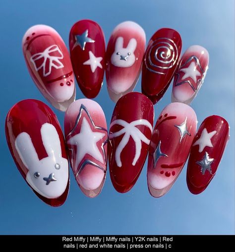 Y2k Nails Red, Nails Red And White, Miffy Nails, Nails Airbrush, Nails Coquette, Red And White Nails, Coquette Nails, Nails Y2k, Airbrush Nails