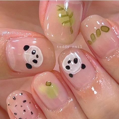 Panda Design Nails, Panda Nails Designs, Panda Nail Art Design, Nail Designs For Short Nails Simple, Nail Panda, Spidey Nails, Panda Bear Nails, Doodle Nail Art, Panda Nails