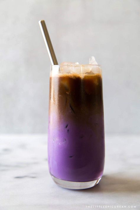 Iced Ube Latte - The Little Epicurean Ube Syrup Recipe, Ube Cupcakes, Ube Latte, Kawaii Cafe, Okinawan Sweet Potato, Ube Recipes, Coconut Milk Coffee, Iced Lattes, Condensed Coconut Milk