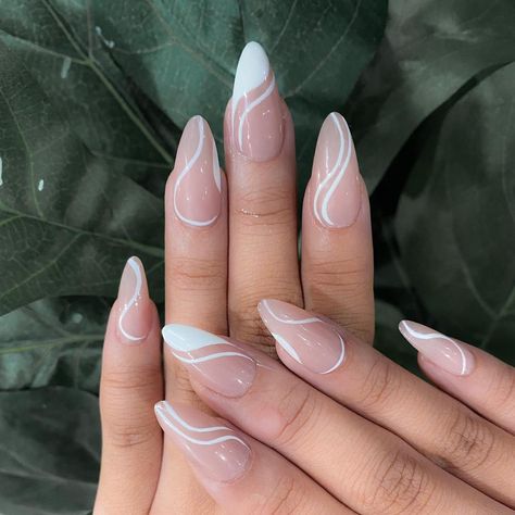 Simple Swirl Nail Designs, French Swirl Nail Designs, Swirl Nail Designs Almond, Nude Swirl Nail Designs, Almond Nails With Swirls, Simple Swirl Nails, Swirly French Tip Nails, White Swirl Nail Designs, White Swirly Nails