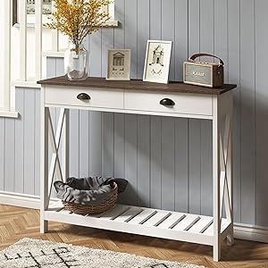 Want to add the perfect touch to your entrance? The appearance of white and natural wood grain adds a vintage aesthetic to your living room or entryway, ChooChoo console table takes a cue from farmhouse style to create a cozy, swoon-worthy feel in your living space. Long Entry Table, Narrow Entry Table, Entryway Narrow, Shelf For Living Room, Farmhouse Console Table, Console Table With Drawers, Cat Bed Furniture, Home Office Storage, Drawer Shelves