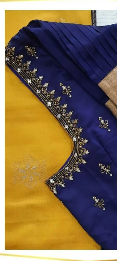 Black Blouse Designs Maggam Work, Pattu Blue Blouse Work Designs, Latest Blouse Work Designs Wedding, Ink Blue Aari Blouse Designs, Blue Aari Blouse Designs, Blue Blouse Designs Simple, Sequins Embroidery Blouse, Simple Art Work Blouse, Simple Blouse Maggam Designs