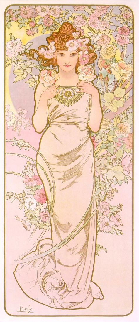 Alphonse Mucha, Fleurs, "Rose", 106 cm x 46 cm. Alfons Maria Mucha, Art Nouveau Mucha, Illustration Art Nouveau, Vintage French Posters, Alphonse Mucha Art, Design Art Nouveau, Mucha Art, Alfons Mucha, Art Nouveau Illustration