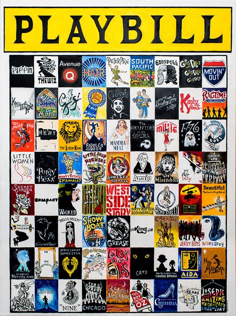 Broadway Themed Room, Theatre Aesthetic, Broadway Playbills, Musical Cards, Hamilton Wallpaper, Broadway Nyc, Gallery Painting, Memory Blanket, Musical Theatre Broadway