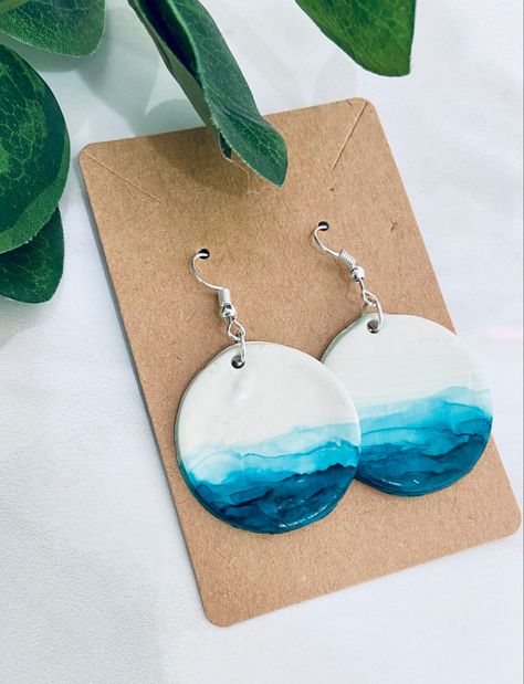 Polymer Clay Painted Earrings, Alcohol Ink Polymer Clay Earrings, Hand Painted Clay Earrings, Alcohol Ink Earrings, Painting On Polymer Clay, Clay Ocean, Alcohol Ink Jewelry, Ocean Earrings, Ceramic Accessory