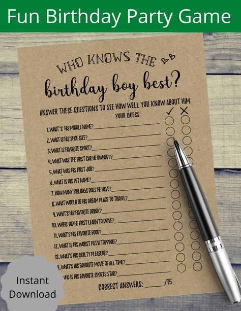 Birthday Party Trivia Questions, Birthday Party Question Games, 50th Birthday Trivia Questions, 40th Birthday Quiz, Birthday Quiz Questions Adult, Who Knows The Birthday Boy Best, Birthday Trivia Questions For Adults, Boy Party Games, Birthday Questions