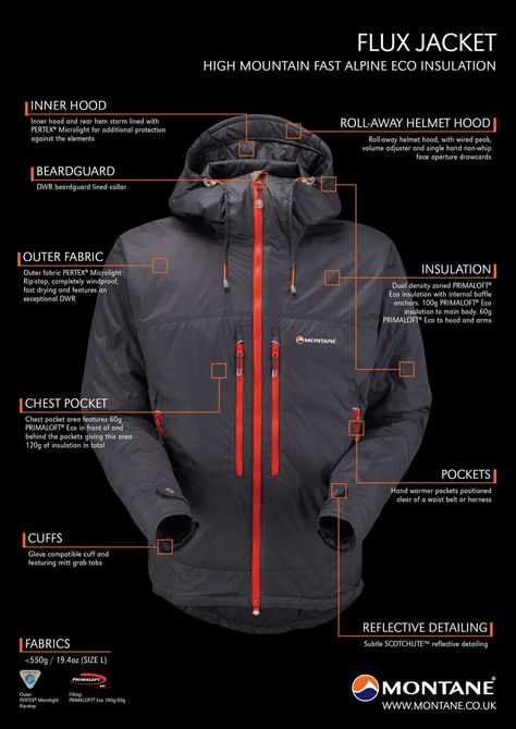 Montane Flux Jacket | Designed for cold and damp conditions in the mountains. Featuring layered 100g and 60g PRIMALOFT® ECO combined to maximise insulation without compromising comfort, the Flux was conceived to be more than a simple belay jacket. Super packable and encased in PERTEX® Microlight that is both windproof and exceptionally fast drying. Extensively tested on the big walls of Patagonia's Fitzroy in some of the most changeable weather conditions on earth. Arcteryx Jacket, Trekking Jacket, Patagonia Outfit, Tactical Wear, Heated Jacket, Cold Weather Gear, Men Stylish Dress, Packable Jacket, Jacket Design