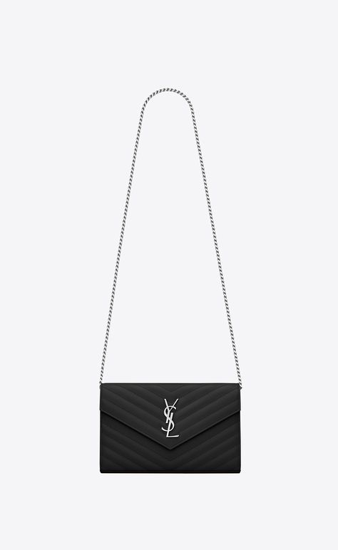 Monogram chain wallet in grain de poudre embossed leather | Saint Laurent United States | YSL.com Ysl Wallet On Chain, Saint Laurent Store, Ysl Wallet, Silver Bag, Black Gold Jewelry, Envelope Wallet, Luxury Purses, Chain Wallet, Wallet Chain