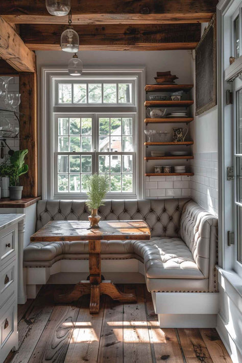 40+ Farmhouse Breakfast Nook Ideas That Will Wow You Farmhouse Breakfast Nook, Coin Banquette, Seating In Kitchen, Farmhouse Breakfast, Kitchen Booth, Booth Seating In Kitchen, Breakfast Nook Bench, Nook Bench, Window Seat Kitchen