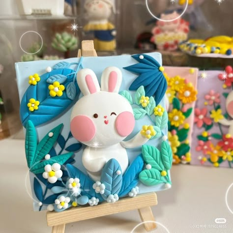 Painting On Wooden Board, Clay Rabbit, Clay Painting, Clay Crafts For Kids, Polymer Clay Gifts, Kids Clay, Light Clay, Tanah Liat, Clay Diy Projects