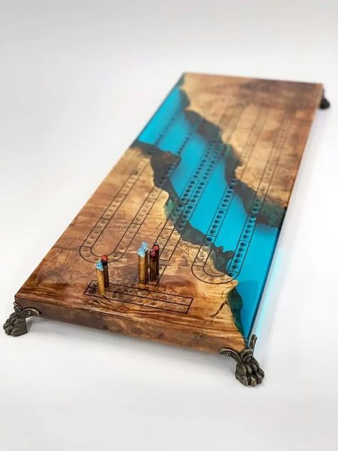 Resin Cribbage Board, Rock Crafts Diy, Custom Cribbage Board, Cnc Machine Projects, Resin And Wood Diy, Wooden Box Designs, Wood Resin Table, Wood Art Diy, Unique Furniture Design