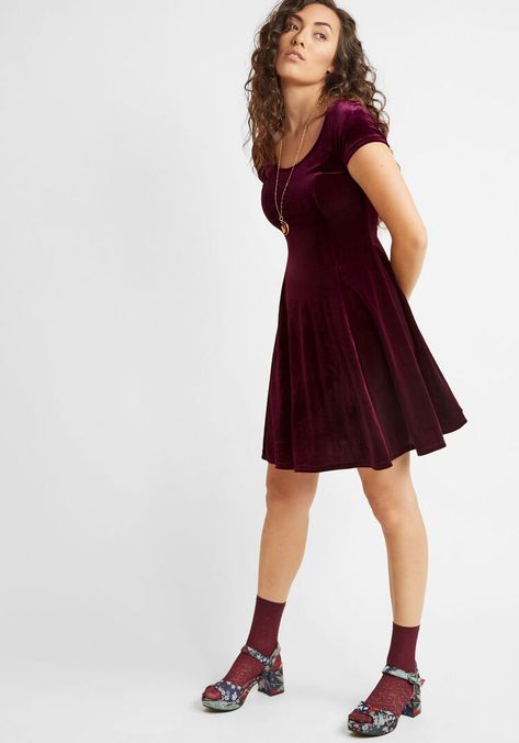 Velvet Vibes Skater Dress in Burgundy Burgundy | ModCloth Velvet Trend, Modcloth Dress, Velvet Skater Dress, Form Fitting Clothes, Plus Size Vintage Dresses, Autumn Clothes, Outfit Look, Fall Favorites, Unique Dresses