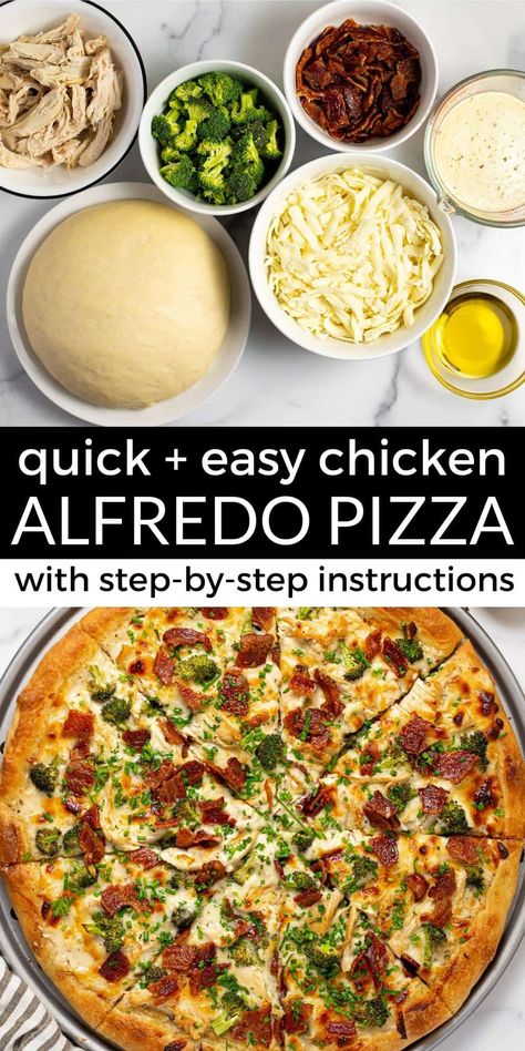 Quick And Easy Chicken Alfredo, Chicken Alfredo Pizza Recipe, The Best Chicken Alfredo, Best Chicken Alfredo, Alfredo Pizza Recipe, Easy Chicken Alfredo, Quick Pizza Dough, Chicken Alfredo Pizza, Broccoli Bacon