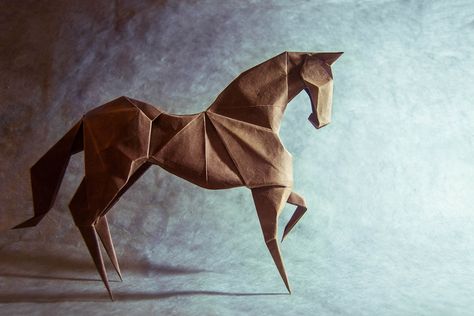 After the years, this remains my favorite horse, I always get a feeling of harmony after finishing one.  The sequence in the book is in my opinion way better than the old one, and the result is a lot more realistic.    Origami horse designed by Hideo Komatsu and folded by me using a square of Shin Inbe paper 100cm x 100cm Origami Horse, Origami Diagrams, Origami Videos, Origami Models, Origami Dragon, Origami Fish, Origami Love, Origami And Kirigami, Instruções Origami