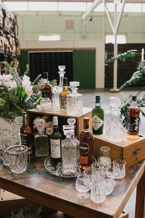 Bourbon And Brews Party, Self Serve Alcohol Bar Wedding, Whiskey Bar Ideas Party, Stock The Bar Party Ideas Decorations, Western Speakeasy Wedding, Speakeasy Wedding Reception, Retro Engagement Party, Gatsby Bar, Bourbon Party