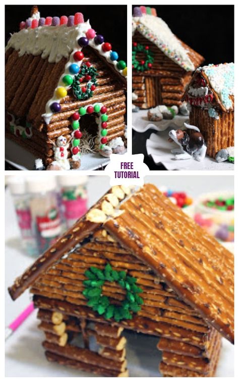 DIY Christmas Crackers Cottage Tutorials -   Christmas Decorated Pretzel Cabins DIY Tutorial Pretzel Gingerbread House, Decorated Pretzels, Gingerbread House Icing, Homemade Gingerbread House, Diy Christmas Crackers, Christmas Pretzels, Christmas Log, Homemade Pretzels, Fairy Christmas