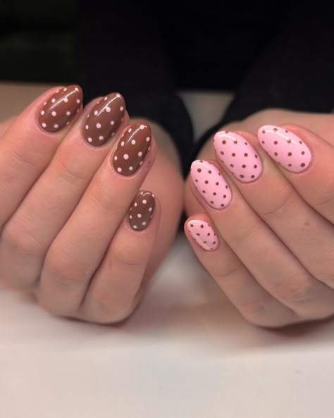 birthday nails for the QUEEN #birthdaynails #nailinspo Cute And Simple Valentines Nails, Nail Ideas Gel Pink, Simple But Cute Birthday Nails, Brown Dot Nails, Almond Polka Dot Nails, Polka Dot Com Color Street, Nail Inspo Polka Dots, Winter Polka Dot Nails, Pink Vintage Nails