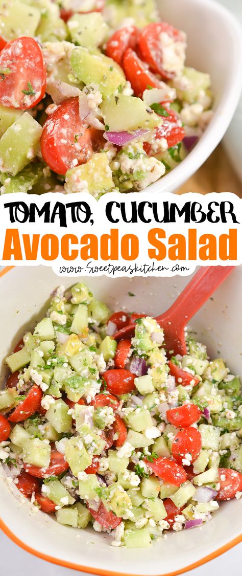 Tomato, Cucumber and Avocado Salad - From Gate To Plate Salad Raspberry Vinaigrette, Cucumber And Avocado Salad, Grape Tomato Salad, Salad Cobb, Cucumber And Tomato Salad, Cucumber Feta Salad, Raspberry Vinaigrette Salad, Salad Garden, Cucumber Tomato Avocado Salad