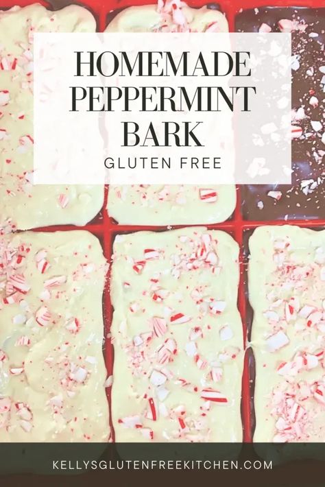 How To Make Gluten Free Peppermint Bark [2023] - Kelly's Gluten Free Kitchen Gluten Free Peppermint Bark, Gluten Free Bark Recipes, Gluten Free Christmas Baking, Gluten Free Christmas Desserts, Homemade Peppermint Bark, Peppermint Bark Recipes, Yummy Christmas Treats, Gluten Free Kitchen, Chocolate Melting Wafers