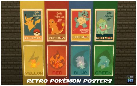 Retro Pokémon Posters – Sims 4 Pokemon Decor, Green Pokemon, Pokemon Painting, Pokemon Red Blue, Pokemon Clothes, Sims Packs, Pokemon Poster, Sims 4 Bedroom, Sims 4 Cc Folder