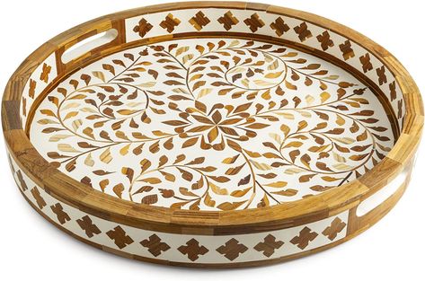 Handcraftsmanship & variations in the color, weight and veining of natural wood makes each of our decorative trays, a singular work of art. Handcrafted with love by skilled artisans in rural India using high quality, ethically sourced wood chips in a pleasing teak color. Chic decoration tray with real inlay work & not just a paint job, a beautiful handcrafted addition to your beautiful home or office. Resin Serving Tray, Bone Inlay Tray, Bone Inlay Mirror, Bone Inlay Furniture, Inlay Furniture, Wood Chips, Round Tray, Wood Inlay, Bone Inlay