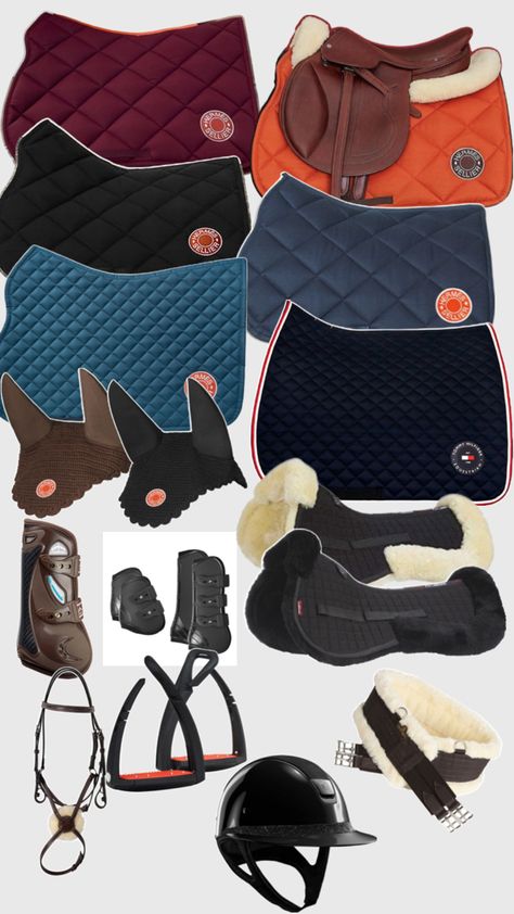 hermes saddle pad + saddle +ear bonnet + stirrups + bridle || tommy hilfiger saddle pad || lemieux half pads || miss samshield helmet || Miss Samshield, Hermes Saddle Pad, Hermes Saddle, Hermes Equestrian, Riding Aesthetic, Equine Fashion, Horsey Life, Horse Riding Outfit, Horse Saddle Pads