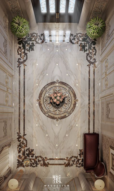 villa entrance :: Behance Floor Tile Design Entrance, Villa Entrance Design, Residential Lobby Design, Luxury Lobby Design, Lobby Ceiling Design, Neo Classic Villa, Marble Wall Design, Ram Ayodhya, Entrance Lobby Design