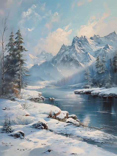 An oil painting of the magical "Sawatch Creek", nestled deep within the mountains of Colorado. Mountains Oil Painting, Snow Mountain Painting, Mountain Painting Acrylic, Woods Landscape, Painting Scenery, Nature Woods, Winter Christmas Scenes, Landscape Clipart, Mountain Winter