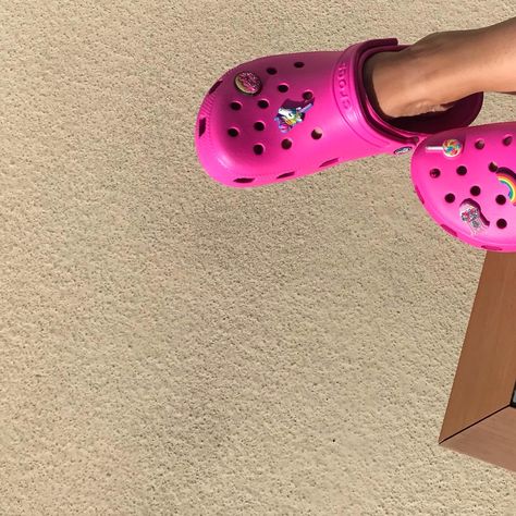 Hot Pink Crocs With Jibbitz, Hot Pink Crocs Outfit, Hot Pink Crocs, Crocs With Jibbitz, Pink Crocs, Hot Pink, Sandals, Sneakers, Pink