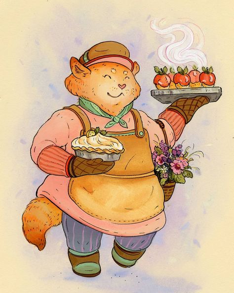 Baker Drawing Illustration, Bakery Character Design, Baker Oc Art, Baker Character Art, Baker Character Design, Baker Drawing, Baker Character, Baker Illustration, Tangerine Cake