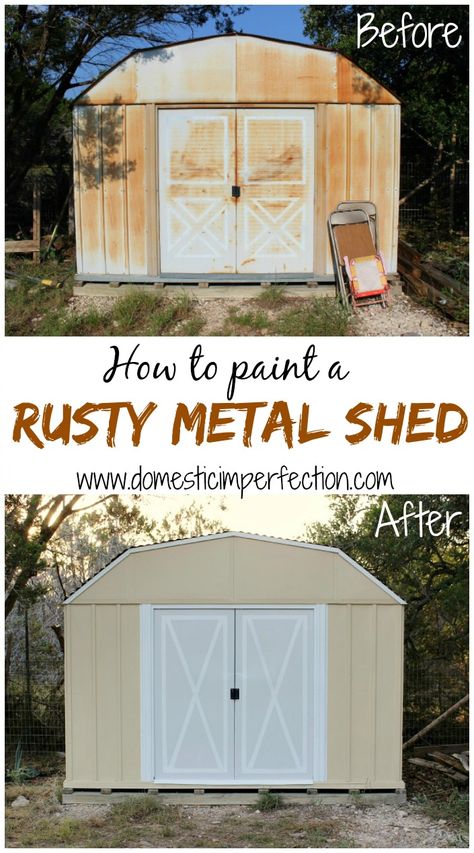 (Humorous) tutorial on painting a metal building. Lots of great tips! Metal Storage Building, Metal Storage Buildings, Metal Shop Building, Shed Makeover, Tin Shed, Storage Building, Shed Doors, Metal Garages, Backyard Shed