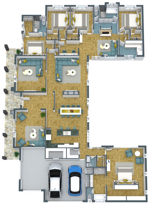 A blue and mustard u-shaped 3D floor plan with five bedrooms, four living rooms, and a three-car garage. 5 Bedroom House Layout, House Layout With Garage, Five Bedroom House Plans, House Layout, Bedroom Floor Plans, 5 Bedroom House, 3 Car Garage, Bedroom House, Bedroom House Plans