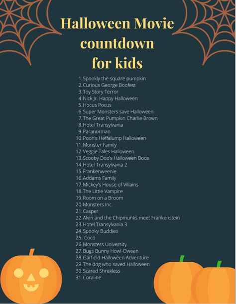 Fall Movies For Kids, Fall Movies For Toddlers, Halloween Movies For Toddlers, Halloween Movies For Kids, 31 Movies For Halloween, Kids Halloween Movie List, Halloween Movie Countdown, 31 Days Of Halloween Movies Disney, October Halloween Movie Calendar