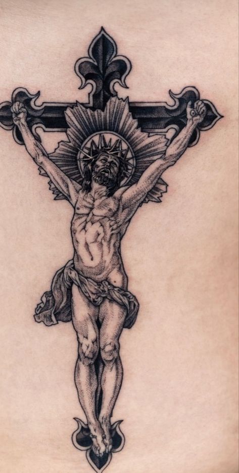 Christ Crucified tattoo Crucifix Back Tattoo, Knew Tattoos Women, Bible Back Tattoo, Christian Faith Tattoos, Italian Cross Tattoos, Catholic Back Tattoo, Crucifiction Tattoo, American Traditional Jesus Tattoo, Phillipians 4 13 Tattoo Design