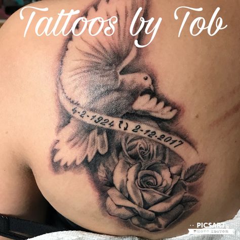 Dove Tattoo Tattoos by Tob Yanyong Manoonpol Dove Remembrance Tattoo, Dove And Rose Tattoo Women, Chest Memorial Tattoos For Women, Dove Tattoo Design For Women On Shoulder, Memorial Dove Tattoos, Dove Tattoo With Flowers, Rip Mum, Trap Tattoos For Women, Moana Tattoos