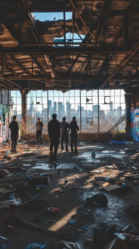 Abandoned Building Exploration: A group of silhouetted people stand in an abandoned building littered with debris and graffiti. #abandoned #exploration #graffiti #silhouettes #ruins #aiart #aiphoto #stockcake ⬇️ Download and 📝 Prompt 👉 https://ayr.app/l/DXdx Abandoned City Aesthetic, Abandoned Building Photoshoot, Abandon City, Brian Core, Abandoned Photoshoot, Abandoned Graffiti, Abandoned Exploration, Abandoned Malls, Abandoned City