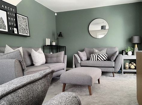 Farrow Ball Green, Farrow And Ball Living Room, Peppa And George, Green Walls Living Room, Front Room Decor, Green Living Room Decor, Grey Sofa Living Room, Living Room Wall Color, Living Room Dining Room Combo